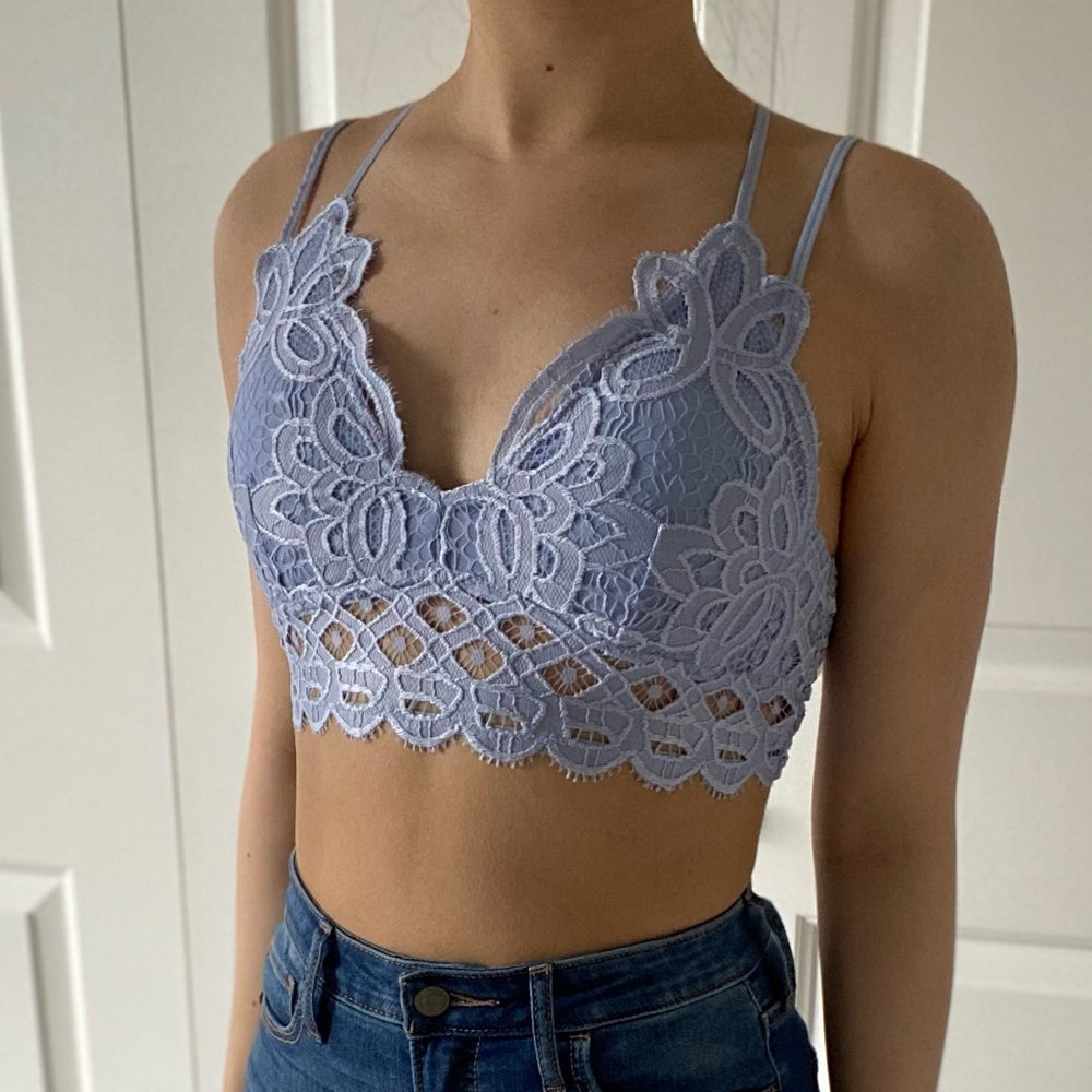 LACEY - Brunnera Purple Blue V Neck Criss Cross Back Lace Bralette